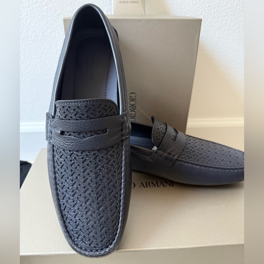 Giorgio Armani Navy blue DEERSKIN AND NAPPA-LEATHER LOAFERS  New US 11